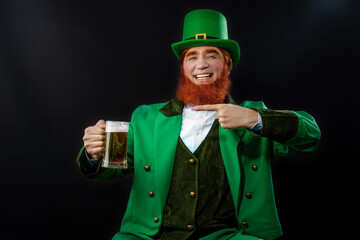 Leprechaun elf on St. Patrick's Day. Cheerful character Irish leprechaun for advertising with a red...