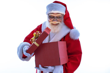 Senior male model old man with a natural white beard in the role of Father Christmas