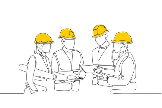 One line drawing of male and female building builder groups wearing helmet. Great team work concept. Trendy continuous line draw design graphic vector illustration