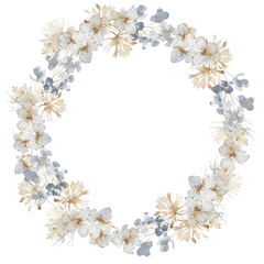 Watercolor floral wreath. Winter arrangement. Hydrangea flowers, leaves, berries.