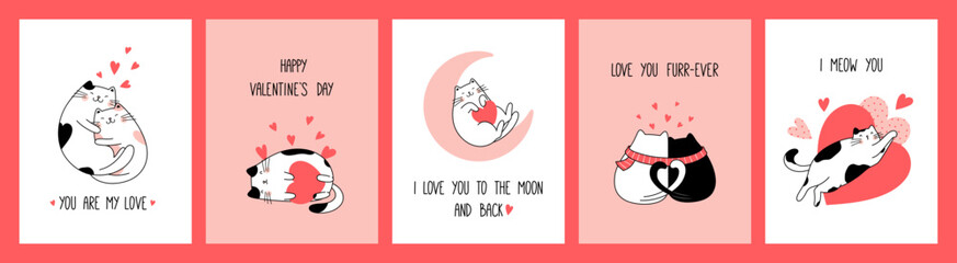 Hand drawn collection romantic greeting cards and posters with cute cats for Valentine's Day