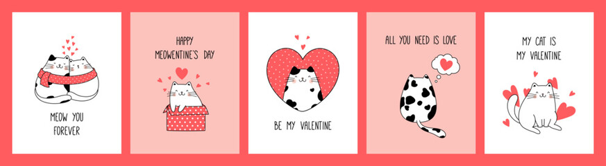 Hand drawn collection greeting cards and posters with cute cats for Valentine's Day