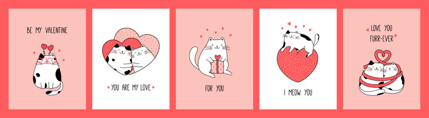 Hand drawn collection greeting cards and posters with cute funny cats for Valentine's Day
