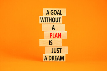 Goal and plan symbol. Concept words A goal without a plan is just a dream on wooden blocks....