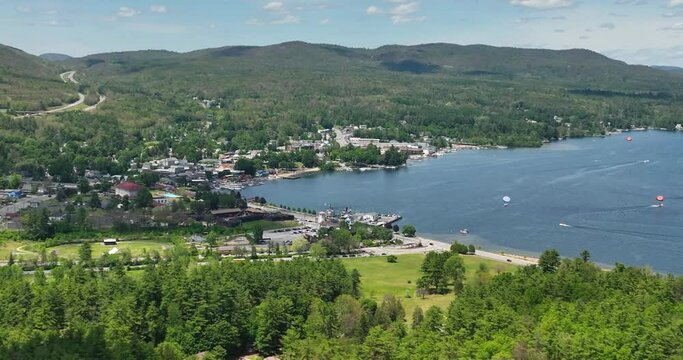 Scenic summer aerial video of the south end of Lake George, NY, June 30, 2022
