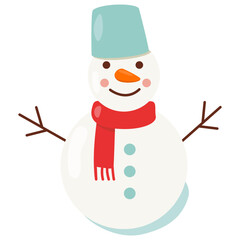 Cute snowman with red scarf and a tin bucket on head, vector