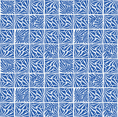 Seamless abstract pattern inspired by Matisse and cement tiles.Foliage, jungle, blue. Ideal for printing on textiles or decorating objects. Vector illustration.