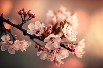 Obraz na płótnie Canvas A branch of beautiful cherry blossom with light pink background