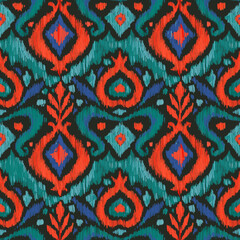 Ikat traditional folk textile pattern. Tribal ethnic hand drawn texture. Seamless background in Aztec, Indian, Scandinavian, Gypsy, or Mexican style. Raster illustration.