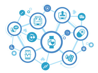 Digital healthcare and smart health devices and iot technology in medicine vector illustration. Concept around medical big data, cloud applications, 