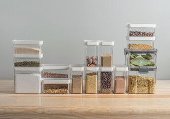 plastic containers with dry spices on a kitchen