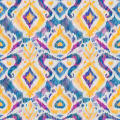 Ikat traditional folk textile pattern. Tribal ethnic hand drawn texture. Seamless background in Aztec, Indian, Scandinavian, Gypsy, or Mexican style. Raster illustration.