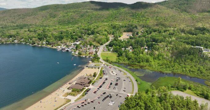 Scenic summer aerial video of the south end of Lake George, NY, Million Dollar Beach State Park, June 30, 2022.

