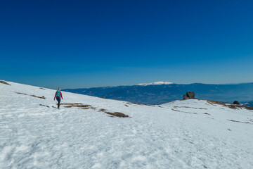 Woman hiking in snow covered landscape near Wolfsberger hut, Saualpe, Lavanttal Alps, Carinthia, Austria, Europe. Trekking in Austrian Alps in winter on a sunny day. Ski touring and snow shoe tourism