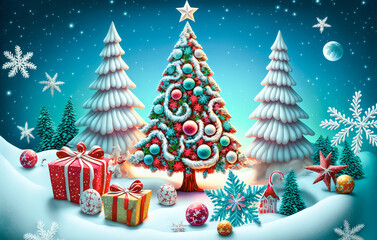 Obraz premium A beautiful Merry Christmas scene with a festive night snow background and a winter landscape. A Happy New Year and Christmas Wallpaper. A Generative AI digital illustration.