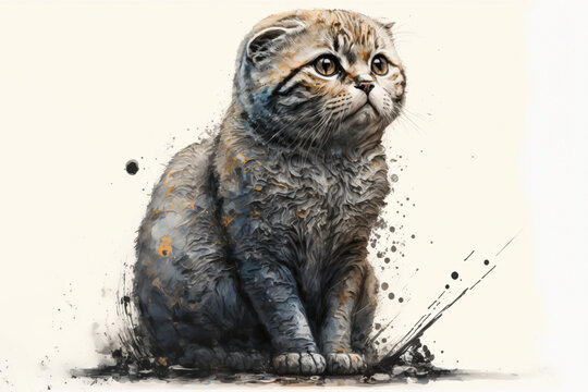 Ink painting of a scottish fold cat