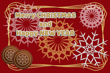 3d winter banner merry christmas and happy new year with openwork snowflakes and cookies on red background Wishing card for winter holidays Greeting  retro design poster holiday cover Gifts elements