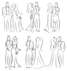 Sketch bride and groom wedding set for invitation cards, including template design decorative elements