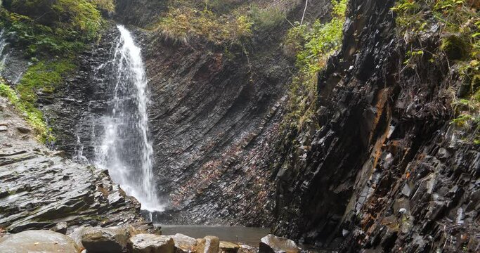 The Zhenetskyi Huk or Huk waterfall is located on Zhenets river in Carpathian National Park, Gorgany mountain ridge, Ivano-Frankivsk Oblast in western Ukraine