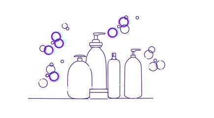 Bottles of shower gel shampoo , moisturizer, cosmetics for hair, body and facial skin care. Drawing on white background. blue lines 