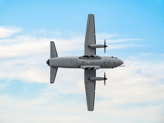 View with a military transport aircraft flying at Bucharest International Air Show.