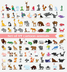 Big bundle of funny domestic and wild animals, marine mammals, reptiles, birds and fish. Collection of cute cartoon characters isolated on white background. Vector illustration in flat style.