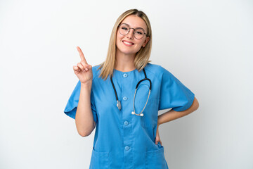 Young surgeon doctor woman isolated on white background showing and lifting a finger in sign of the best