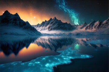 Fototapeta na wymiar Beautiful polar lake landscape with snow and moon. Beautiful polar lake view.