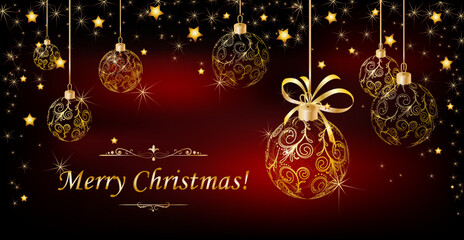 Luxury christmas background. Christmas design of sparkling lights garland, with realistic Christmas tree decorations, black, gold snowflakes and shiny gold confetti. Horizontal Christmas poster, greet