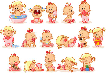 Set with cute little baby in different situations. Playing, sleeping, sitting, lying, crawling baby. Happy smiling newborn girl.