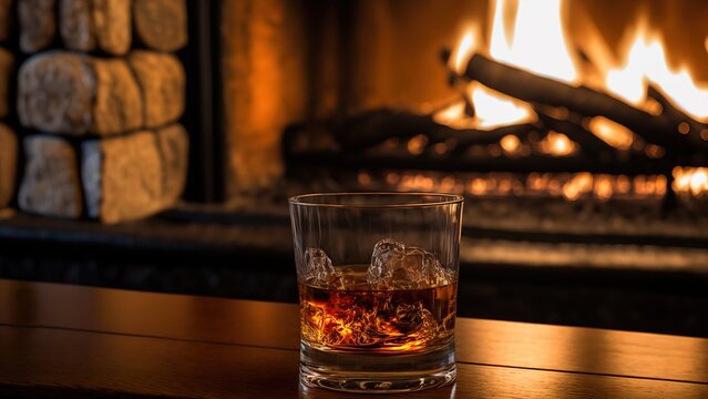 Glass of Whisky by the Old Stone Fireplace in Winter Cozy Evening. Generative AI.