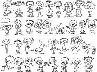 Happy children doodle set. Funny small kids play, run and jump. Set of elements in childish doodle style. Hand drawn illustration