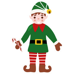 Cheerful Christmas elf with candy cane, winter holidays character, design template element, vector
