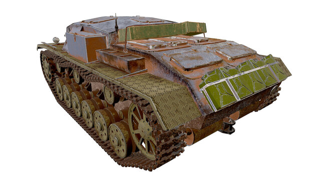 Self-propelled artillery mount, panzer, tank of the WW2 StuG III Ausf G left rear view