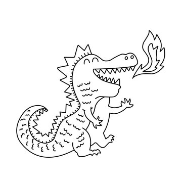 simple black and white line drawing cartoon fire breathing dragon 