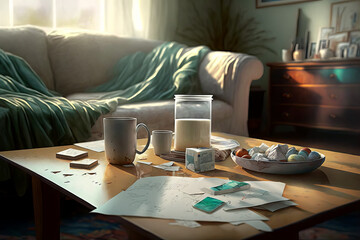 Illustration of a living room with coffee cups on table papers in a messy room.
Generative ai
