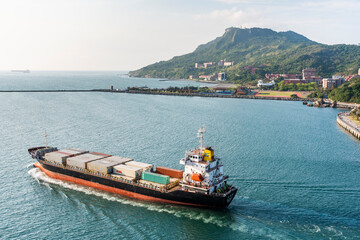 View of the large ship leaving Port of Kaohsiung, Taiwan.