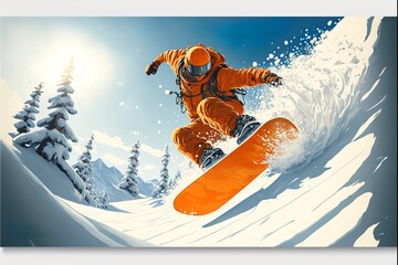 Snowboarder drifting in extreme sport winter mockup