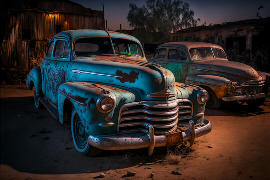 Light painting of an old rusty car, generative ai