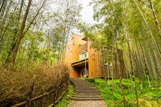 Nantou, Taiwan - April 29, 2016: Building view of Bamboo Cottage at Xitou Nature Education Area in Nantou, Taiwan.