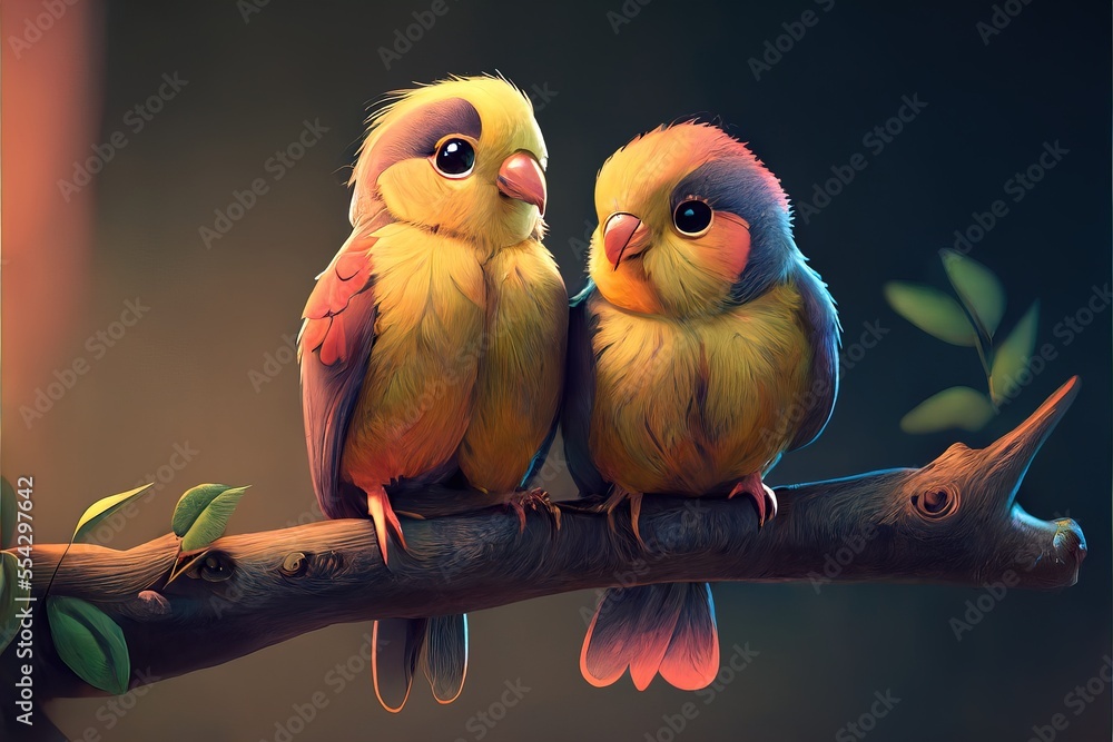 Poster two birds sitting on a branch with leaves on it's back legs and one bird with its head turned to the