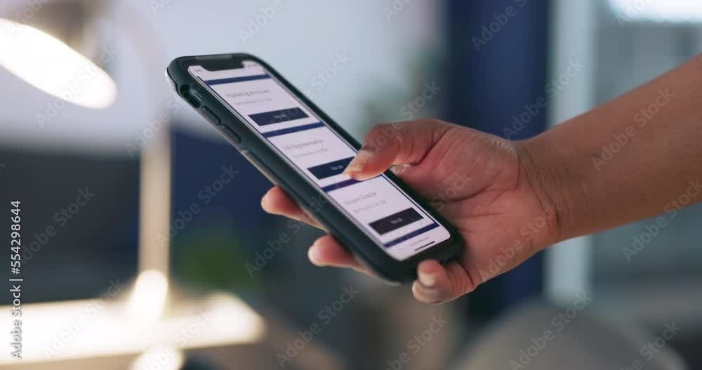 Fototapete Phone, hands and ux screen to scroll on mobile app, internet or website for making online booking, ecommerce and sign up for subscription. Hand of man with smartphone network to search on web