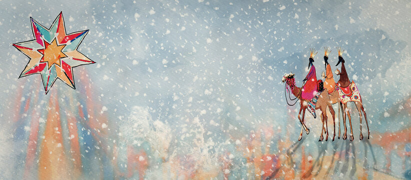 Three wise men. Watercolor christmas greeting card