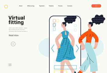 Virtual fitting - Online shopping and electronic commerce series - modern flat vector concept illustration of a woman fitting clothes in app. Promotion, discounts, sale and online orders concept