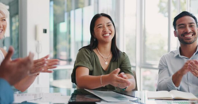 Deal, success and applause with handshake of business people for contract, winner or partnership. B2b, interview and congratulations with employee shaking hands for agreement, achievement or future