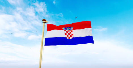 Flag of Croatia waving in the wind, sky and sun background. Croatia Flag. Ultra Hd, 3d rendering.