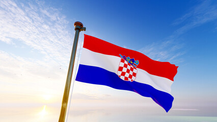 Fototapeta premium Flag of Croatia waving in the wind, sky and sun background. Croatia Flag. Ultra Hd, 3d rendering.