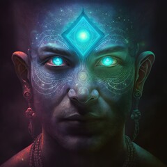 magician sorcerer shaman with glowing eyes and patterns on his face, stunning illustration generated by Ai, is not based on any original image, character or person