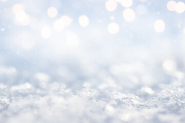Christmas background with snow and lights. Winter concept