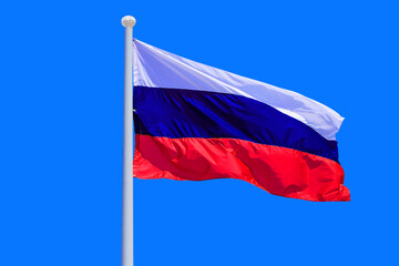 Fototapeta na wymiar Russia flag waving against clean blue sky, close up. Russia flag in the blue sky. Flag Russia on blue sky background